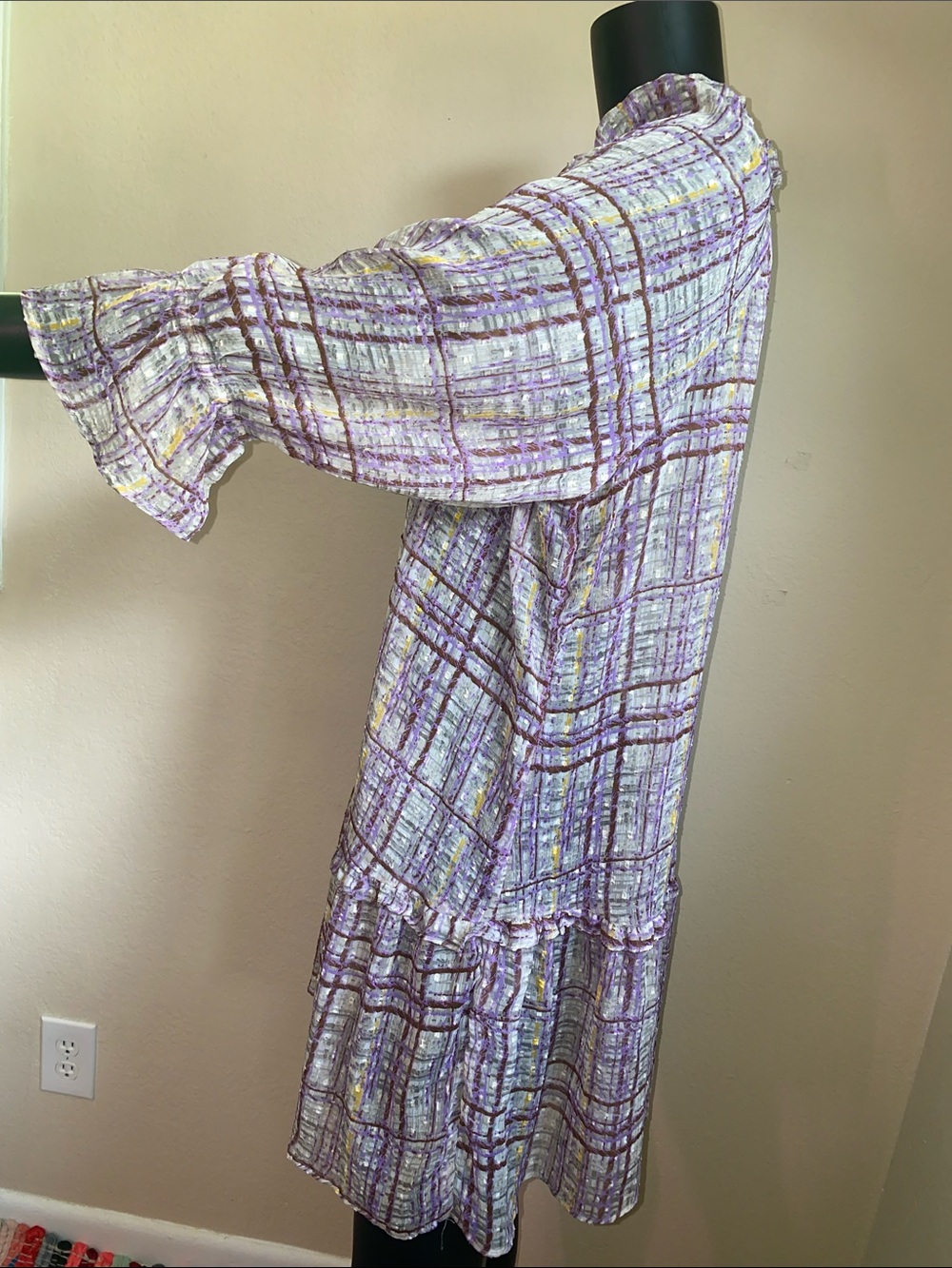Cato Lavender Plaid Ruffle-Neck Sheer Mini Dress - Picture 4 of 11